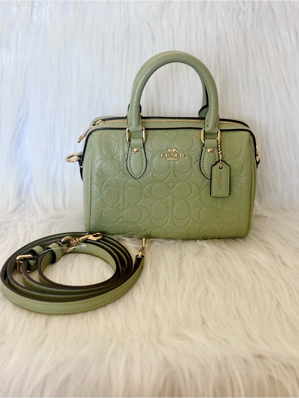 NWT Coach Mini Rowan Crossbody Signature Leather Pebbled Leather Pistachio CEW07